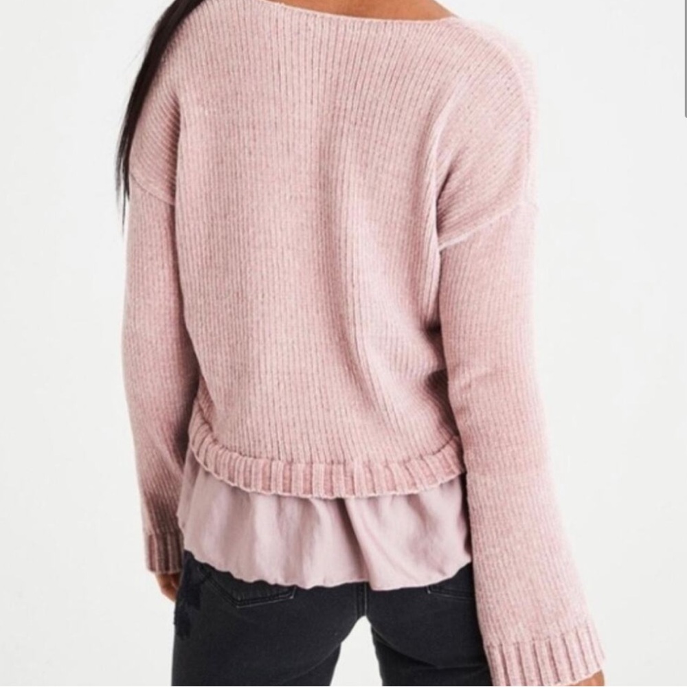 American Eagle Chenille V-neck pink sweater with silky trim small